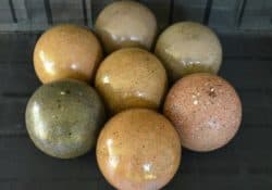 Davis Colors, exposed concrete and sealed 8” spheres (made with concrete mix) ‐ Spanish Gold, Dark Gray, Tile Red, Harvest Gold, San Diego Buff, Taupe and
Kailua. These spheres were made by Dave Reierson of Fort Lauderdale, FL.
Reierson@att.net - Phone: 954-232-3469