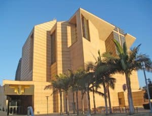 View from the outside of Our Lady of the Angels Cathedral. This project was colored with Davis Colors concrete color pigments www.daviscolors.com. Color is Cathedral Buff.