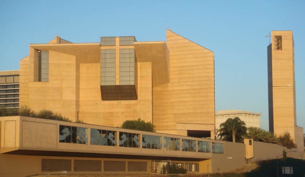 View from the outside of Our Lady of the Angels Cathedral.  This project was colored with Davis Colors concrete color pigments www.daviscolors.com. Color is Cathedral Buff.