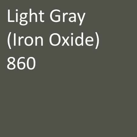 Number: 860Name: Light Gray (Iron Oxide)Cost: $$Hex: 52524aDescription: This color is part of the Standard ($$) group and is mid-range cost-per-yard/meter.Liquid Dose Rate: 3 lbs per 94 lb sack of cementPowder Dose Rate: 2.5 lbs per 94 lb sack of cement