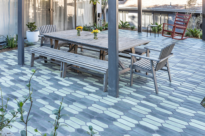 Green Pickets Patio tiles by ARTO. Find more information about ARTO tiles at https://www.arto.com/ . Tiles are colored with Davis Colors concrete pigments