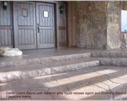 The concrete contractor Riverstone Stamp Concrete used Davis Colors Bayou integral pigment to color the concrete. They used Arizona Flagstone stamps from Proline Concrete Tools and a medium gray liquid release agent. After washing off the release agent, they returned to use a black grout to hand grout all the stamped joints to make it look like real stone. You can reach Riverstone Stamp Concrete by phone at 208-704-7468. The Ready Mix concrete company was Interstate Concrete & Asphalt their phone number is 208-765-1144. To learn more about this project visit the concretenetwork.com.