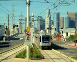 This is a photo of Los Angeles Metro's Gold Line. The color of the concrete rail line is Davis Colors' Palomino.